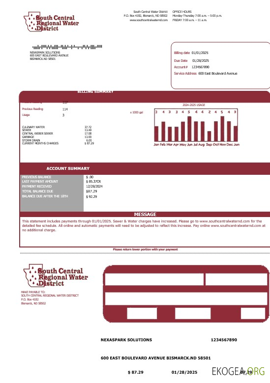 États Unis, Dakota du Nord, South Central Regional Water District, modèle de facture de services publics aux formats Word et PDF